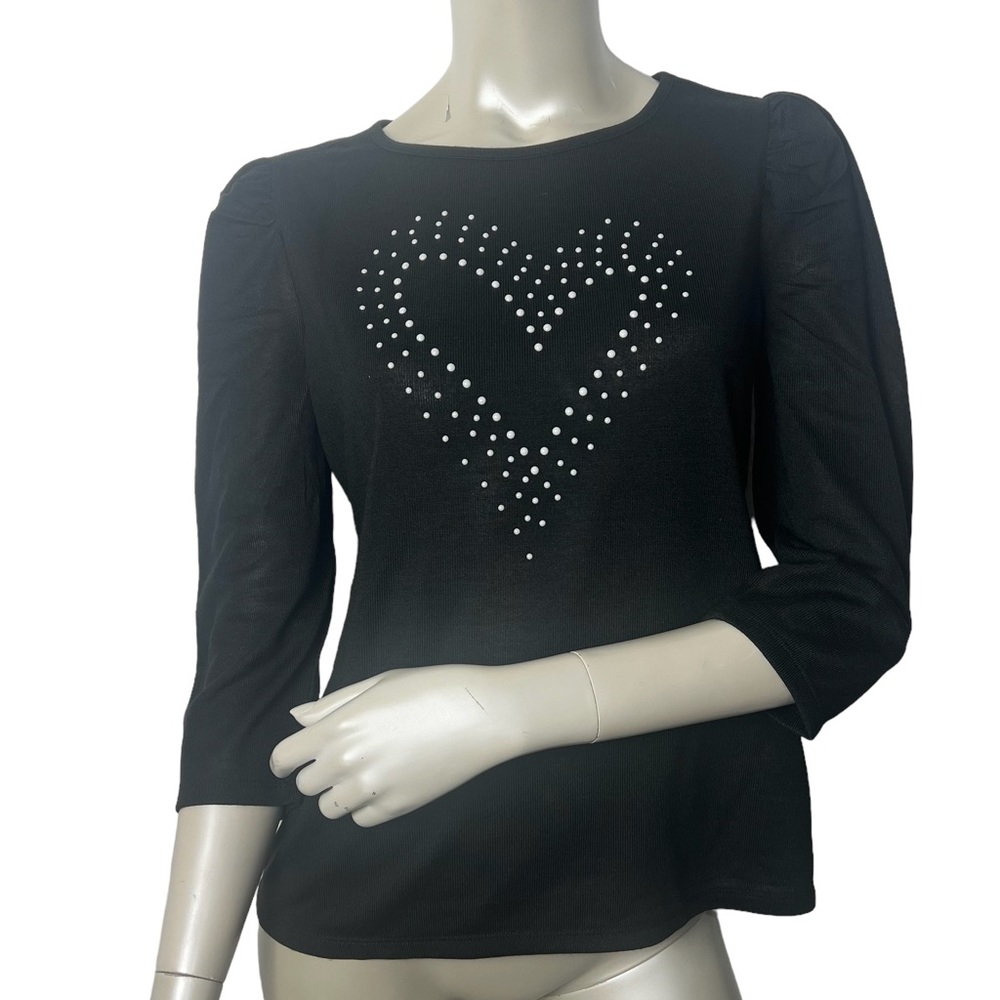MADISON Black Valentino Scoop Neck Sweater Knit Heart White 3/4 sleeve Top